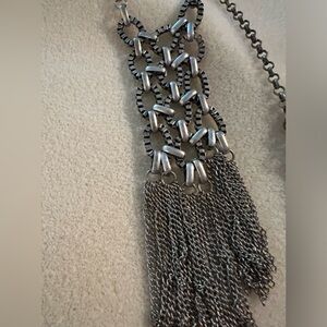 Boho Woven Silver Metal Pendant with Tassels